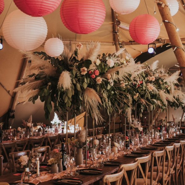 Dining Tables and hanging flowers